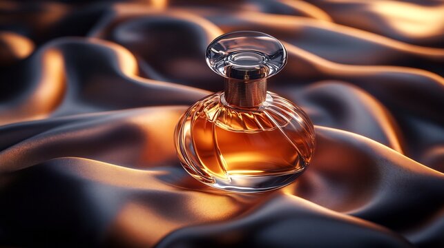 Luxury perfume bottle placed a high end satin fabric soft glowing lighting ultra premium branding aesthetic cinematic photography