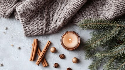 Flat Lay of Christmas Gift-Wrapping Supplies: Brown Paper Packages, Twine, Sprigs of Holly, Gold Foil Stamps, and Scissors with Copy Space