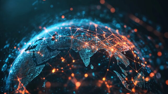 Global network connections shine across the world, visualized with glowing data points and vibrant communication lines in a modern style