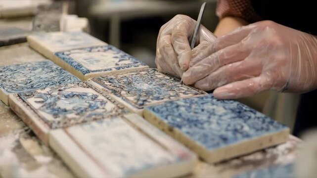 Hands delicately applying digitally printed decals to ceramic tiles emphasizing the craftsmanship involved in creating custom decorative surfaces for interiors.