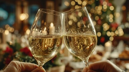 Festive toast with champagne glasses in a warm holiday setting with bokeh lights