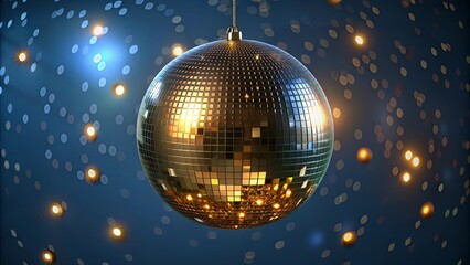 A shiny golden disco ball reflecting lights against a backdropdancing bokeh lights, evoking the energy and glamour of a party or celebration. Perfect for themes of nightlife  music festivities.