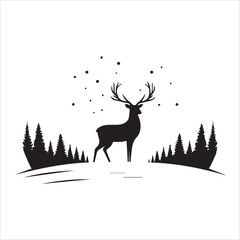 Black and White Reindeer Silhouette in Snowy Winter Landscape