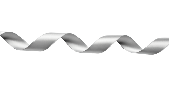 A single, highly lustrous silver satin ribbon intricately twisted in a graceful horizontal wavy pattern, showcasing its reflective surface on a transparent background with copy space. Concept of