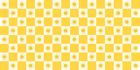 Bright yellow sun pattern on checkerboard background with smiling faces vibrant joyful seamless design with sunny cheerful mood