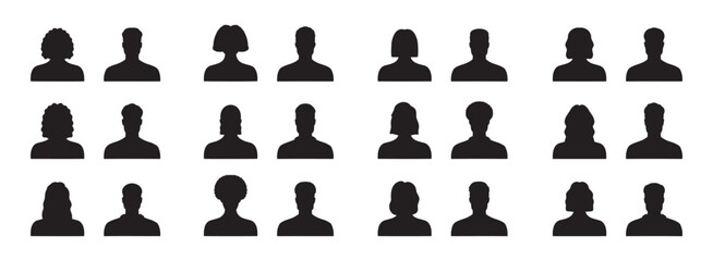 Silhouette male and female heads. People profile avatars, anonymous faces portraits, black silhouette unknown faceless set