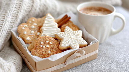 Homemade christmas cookies with hot beverage on cozy coffee table