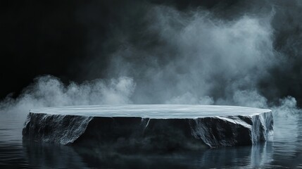 Mystical stone product display platform with atmospheric fog, perfect for elegant jewelry or cosmetic showcase with a modern ethereal vibe