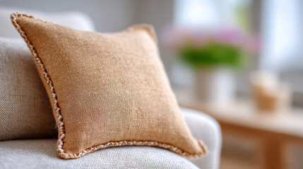 Torn seam on pillow on fabric sofa with loose threads near window in cozy living room