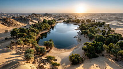 Scenic view of desert oasis, landscape with lake surrounded lush palm trees, endless sand dunes and water at sunset or sunrise