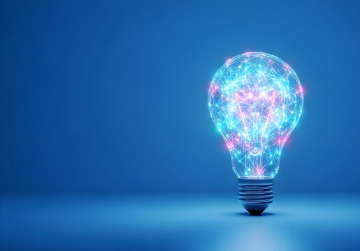 Glowing abstract light bulb with digital network inside on blue background
