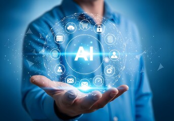 Artificial intelligence network in a persons hand with glowing icons