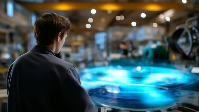 Back view of a technician observing a large holographic pressure map, surrounding machinery in soft bokeh, with copy space
