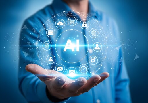 Artificial intelligence network in a persons hand with glowing icons