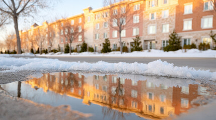 Snow-covered residential street with snowbanks and puddles near modest houses reflecting in water