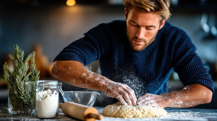 Man kneads dough on floured table. Flour bursts in air to show action and texture for bakery and recipe use. Home baking for bread and pastry. Holiday cooking and Christmas menu content..