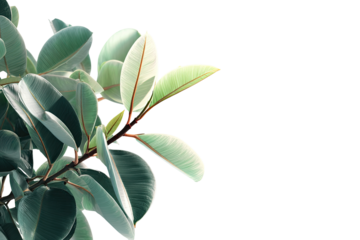 Close-up of a Fiddle-leaf Fig branch.  Fresh, vibrant green leaves with light-green highlights, angled and overlapping.  Dark background