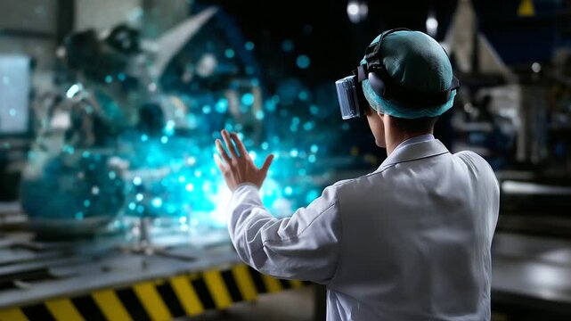 Back view of a technician observing a large holographic pressure map, surrounding machinery in soft bokeh, with copy space