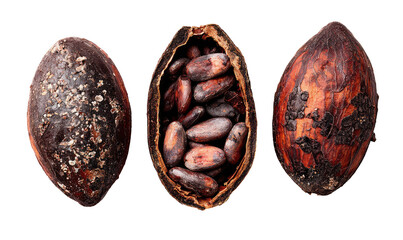 Three cacao pods, opened to reveal cocoa beans inside.  Dark, dried pods with mottled, rough texture.  Beans are a rich, dark brown.  Flatlay, isolated on black