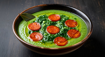 Indulge in creamy spinach soup with spicy chorizo slices a vibrant, flavorful meal