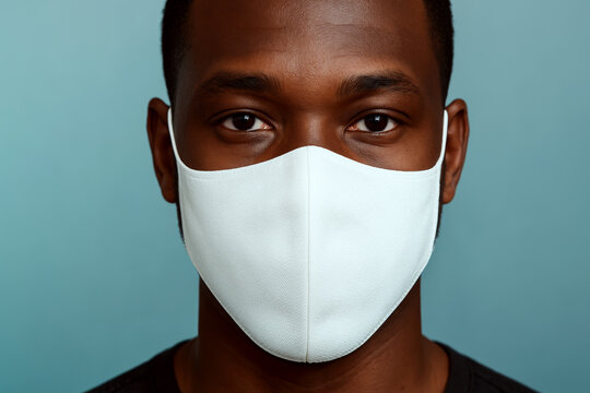 A person is wearing a plain white face mask against a blue background. Concept of health and safety. - Powered by Adobe