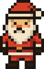 A retro-style pixel-art Santa Claus wearing his classic red suit, white beard, and festive hat. The blocky 8-bit design adds nostalgic charm, making it perfect for  greeting cards, posters