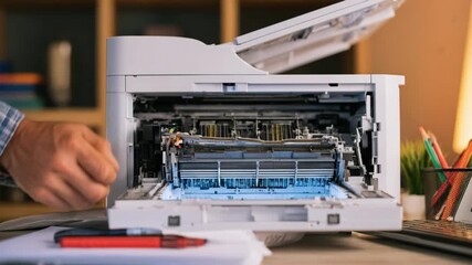 Closeup of a repair expert fixing paper feed rollers inside a laser printer in a home office environment with computer and desk accessories.