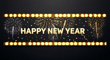 Happy New Year Gold 3D Text Banner with Fireworks and Cinematic Lights