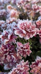 Vertical close-up of a cluster of reddish-pink Chrysanthemum flowers covered in thick white hoarfrost on a freezing morning.