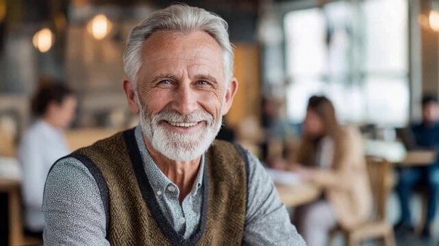 The Wisdom of Years: A portrait of a distinguished senior citizen with a warm, genuine smile. His eyes reflect a lifetime of experience and contentment, with soft focus cafe in the background.