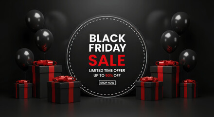 Black Friday Sale Banner with Gifts, Black Balloons, and Limited Time Offer Text on Dark Background for Shopping Discount
