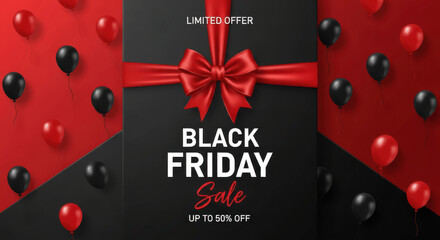 Black Friday Sale Background with Luxury Red Satin Ribbon Bow and Floating Red and Black Balloons for Limited Offer Discount