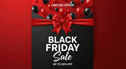 Black Friday Sale Background with Luxury Red Satin Ribbon Bow and Floating Red and Black Balloons for Limited Offer Discount