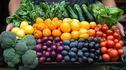 A person holds a variety of fresh vegetables and fruits, symbolizing health and nutrition benefits
