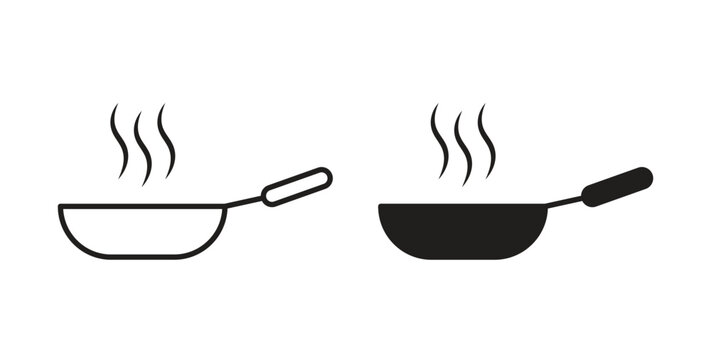 Frying pan icon with line and silhouette versions.