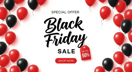 Black Friday Sale Banner with Red and Black Helium Balloons Border and Up To 50 Percent Special Offer Discount