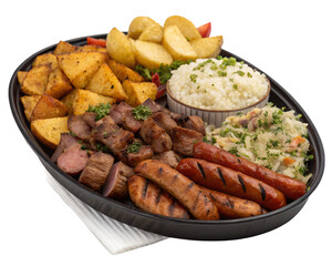 Fototapeta premium Photorealistic image of Colombian picada platter with chopped grilled meats, sausages, potatoes, and arepitas, isolated on transparent background.