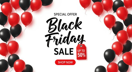 Black Friday Sale Banner with Red and Black Helium Balloons Border and Up To 50 Percent Special Offer Discount