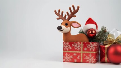 A charming reindeer figure emerges from a festive red gift box, accompanied by Santa hat and Christmas decorations, against a bright white background. - Powered by Adobe