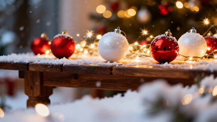 Festive Christmas Ornaments on Snowy Wooden Table Sparkling with Holiday Lights, Perfect for Seasonal Greetings and Winter Celebrations, Spark Joy