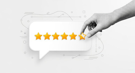 Hand Placing Last Gold Star to Complete Seven Star Customer Review Rating in Speech Bubble for Excellence and Feedback