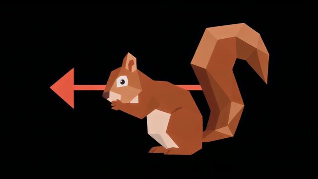 A captivating low-poly illustration of a brown squirrel with a large, faceted tail set against a minimalist black background.