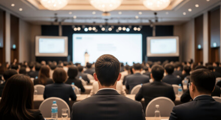 Rear View of Business People Attending Large Conference or Seminar in Convention Hall with Speaker on Stage