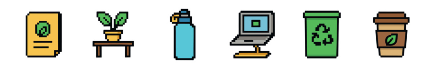 Fototapeta premium A charming pixel art collection of eco-friendly and everyday items, featuring a document, potted plant, water bottle, laptop, recycling bin, and coffee cup, rendered in a retro 8-bit