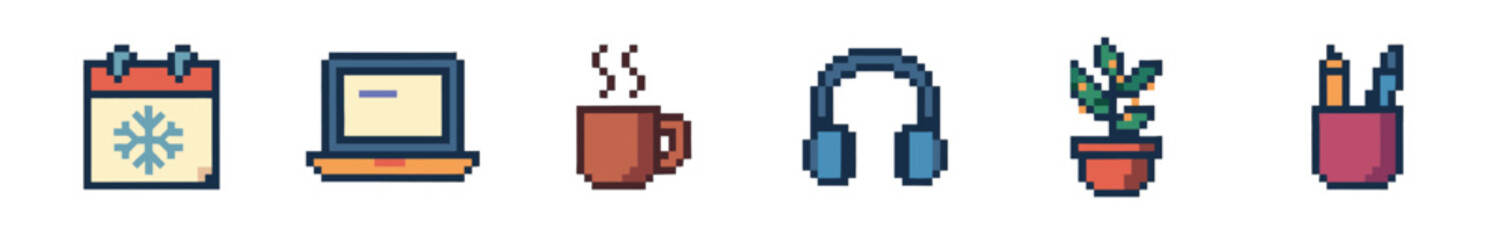 Obraz premium A vibrant collection of retro pixel art icons featuring a snowflake calendar, smartphone, steaming mug, headphones, potted plant, and quiver