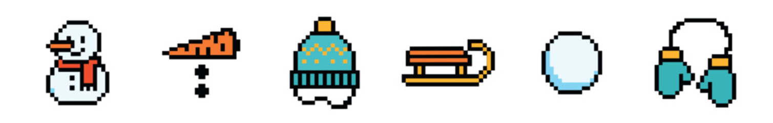 A delightful collection of pixel art winter holiday elements, featuring a cheerful snowman, warm hat, classic sled, cozy earmuffs, and an ice skate blade