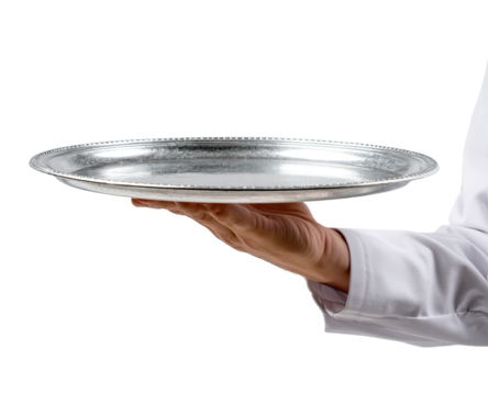A hand, wearing a white shirt, holds a round, silver platter