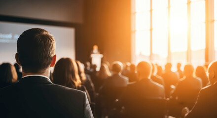 Rear View of Business Audience Listening to Speaker on Stage in Large Conference Hall with Bright Window Light
