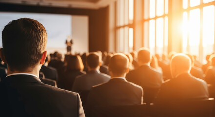 Rear View of Business Audience Listening to Speaker on Stage in Large Conference Hall with Bright Window Light