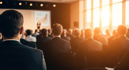 Rear View of Business Audience Listening to Speaker on Stage in Large Conference Hall with Bright Window Light